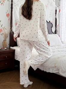 CottageSlumber Plus Size Women's Fine Ribbed Red Bow Cardigan Button Loungewear Set - White - View 2