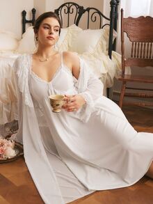 Côtesoire Plus Size Women's Contrast Lace Long Sleeve Robe And Camisole Nightgown Elegant Sleepwear Set - Baby Blue - View 4