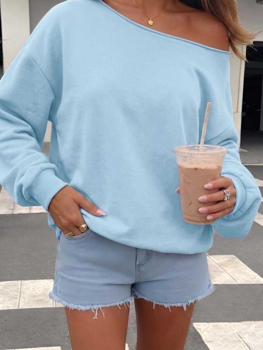 SHEIN EZwear 淺藍色女款露肩寬鬆休閒長袖衛衣 34%棉 - 粉色 - 查看 1