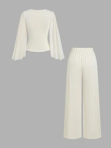 Sweetra Women's 2 Pieces Set V-Neck Pleated Long Sleeve Top And Long Pants - Apricot - View 2