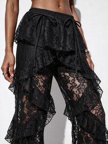 Aveloria GENKIRA Pants Ruffle Flare Lace Sheer Multi-Layered Modern Black Floral Women Sheer Ruffle Flare Pants Halloween - Black - View 5