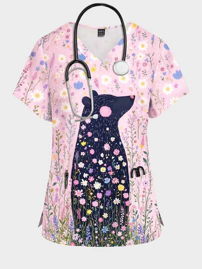 PopScrub Pink Fairy Tale Illustration Style Black Bear & Floral Print Women's Nurse Scrub Top, Autumn/Summer Fashion V-Neck Short Sleeve With Double Pockets And Side Slits, Cute Surgical Scrub Top, Scrub Uniform Top