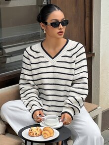 Dazy Plus Korean Style Colorblock Striped Loose Long Sleeve V-Neck Casual Streetwear Vacation Spring Autumn Pullover Knit Sweater - Black and White - View 3