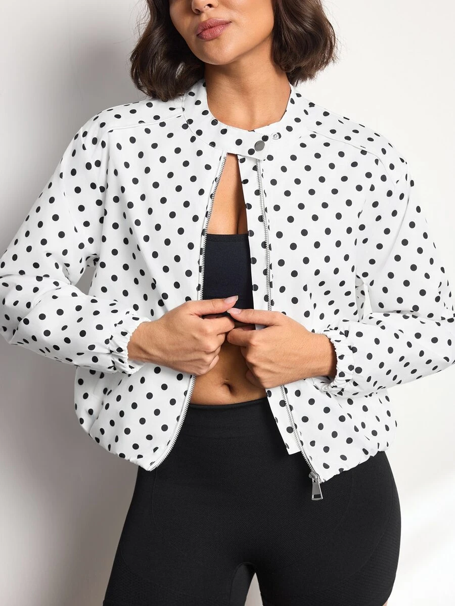 SHEIN Sports Women's Polka Dot Jacket, Fashionable Stand Collar, Daily Commute Versatile, Street Style Casual - Black and White - View 1