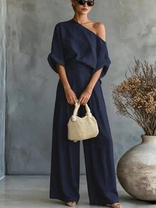 SHEIN Franclia 新款亞麻舒適不對稱單肩上衣與寬腿褲女款兩件套 - 藏蓝色 - 查看 3
