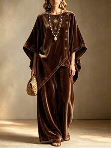 Zayélia Women's 2 Pieces Set, Autumn/Winter 2 Pieces Set, Velvet Set - Coffee Brown - View 4