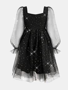Pitira Gaun Anak Perempuan Remaja Warna Hitam, Modis, Elegan dengan Motif Bintang dan Bulan Emas, Lengan Panjang Jala, Cocok untuk Halloween atau Pesta. - Hitam - View 2