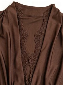 Cévolie Women's Brown Contrast Lace Trim Elegant Long Sleeve Bodysuit - Brown - View 6