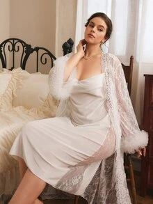 Côtesoire Plus Size Women's Lace Long Sleeve Robe And Camisole Nightgown Elegant Sleepwear Set - White - View 4