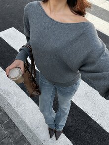 Autumina Women's Solid Color Casual Daily Long Sleeve Sweater - Grey - View 1