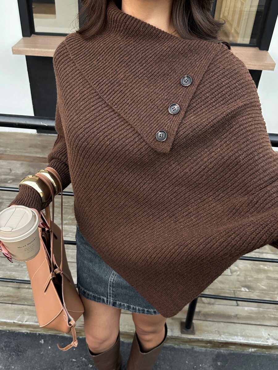 Dulcita Women's Solid Color Casual Versatile Daily Wear Long Sleeve Sweater - Brown - View 1