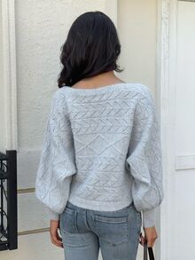 FavEase Women's Solid Color Boat Neck Hollow Out Batwing Long Sleeve Loose Sweater - Grey - View 2