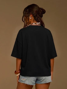 Athîral Women's Oversized Black Tee,Rhinestone Embellished,Crew Neck,Bikini Motif,Summer,Statement Dressing,Edgy Glam,Vacation Daily Night Out,T-Shirt - Black - View 2