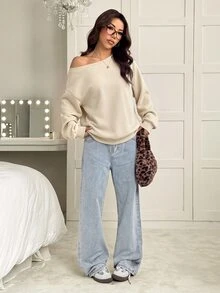 SHEIN EZwear Women's Loose Asymmetrical Shoulder Thermal Lined Sweatshirt, Apricot, Autumn/Winter - Apricot - View 3