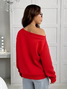 SHEIN EZwear 女款寬鬆不對稱肩領保暖內裡紅色運動衫，秋冬款 - 紅色 - 查看 2