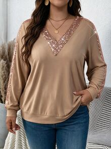 Weeklong Plus Size Women's Champagne Sequin Double Brushed Wool V-Neck Long Sleeve Sweatshirt - Khaki - View 5
