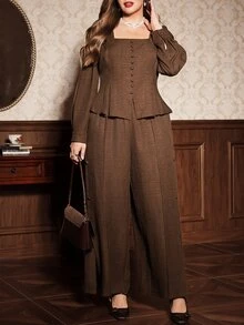 Auvina Plus Size Women Solid Color Button Design Long Sleeve Shirt And Wide Leg Pants Elegant 2 Pieces Set - Coffee Brown - View 4