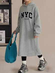 SHEIN Teen Girl Autumn/Winter Thermal Lined Hooded Long Sleeve Dress, Suitable For Daily Fashion Wear - Light Grey - View 4