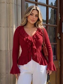 Vionelle Plus Size Autumn/Winter Thermal Lined Ribbed Texture Double Layer Ruffle Collar Long Sleeve Ruffle Cuff Women's T-Shirt Going Out Evening Red Elegant - Red - View 6