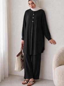 Solavon Solid Button Front Longline Blouse & Pants - Black - View 3