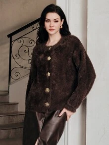 Anewsta Women's Brown Plush Comfortable Knit Cardigan Sweater For Autumn - Burgundy - View 6