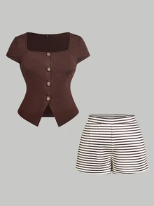 SHEIN MOD Plus Size Women Solid Color Short Sleeve Top And Striped Shorts 2 Pieces Set - Multicolor - View 2
