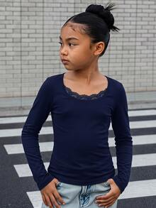 SHEIN 青少年女孩純色海軍藍蕾絲圓領長袖修身短版T恤，休閒日常穿著 - 藏蓝色 - 查看 10