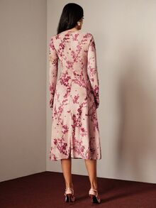 Aveloria Modichic French Style Tie Dye Floral Branch Print Mesh Dress, V-Neck Ruched Chest, Long Sleeve Midi Dress, Elastic Slim Fit, Flattering A-Line Skirt, Gentle Style, Suitable For Dating, Outing, Commuting, Party - Multicolor - View 2