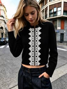 Elafinee Women's Elegant Lace Patchwork Long Sleeve Knit Cardigan - Black - View 4
