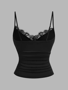 Sweetra Atasan Camisole Serbaguna Model Kerah Cowl dengan Patchwork Renda untuk Wanita Ukuran Plus Eropa - Berwarna merah muda - View 3