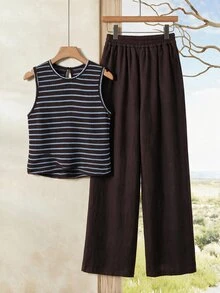 Rusticease Women's Striped Crew Neck Top And Pants Casual Daily 2 Pieces Set - Blue - View 4
