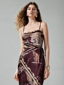 MOTF PREMIUM WOMEN'S KANGAROO PATTERN ELEGANT SATIN SPAGHETTI STRAP DRAPED DRESS - Burgundy - View 6