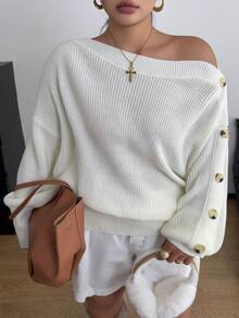 POPSWAY كنزة نسائية بمقاس كبير بلون موحد وكتف غير متماثل كاجوال للاستخدام اليومي بأكمام طويلة - بيج - مشاهدة 3