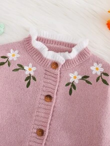 SHEIN 女童針織刺繡拼色立領休閒秋季開襟衫 - 藕粉色 - 查看 4