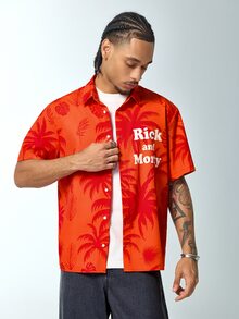 Rick and Morty X SHEIN Áo sơ mi nam ngắn tay họa tiết cây cọ phong cách du lịch - trái cam - Xem 2