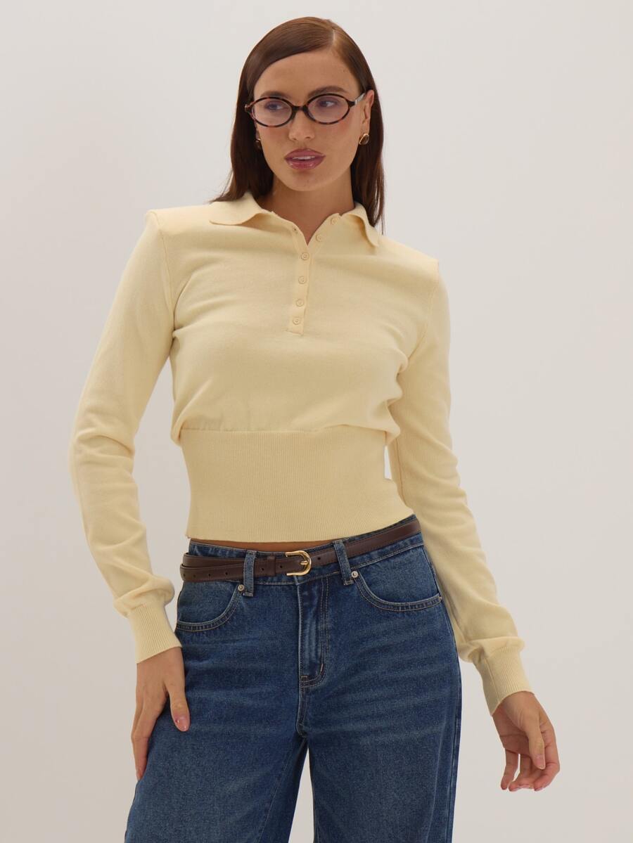MUSEYN Butter Yellow Knit Cinched Waist Shoulder Pad Polo Sweater Cosy Versatile Everyday Casual New Season Fall - Cream - View 1