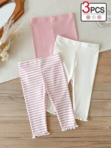 SHEIN 3 Pcs Baby Girls Leggings Pants Cute Sweet Pink White Ribbed Striped Lettuce Trim Ruffle Hem Lightweight Vacation Beach Summer Holiday Ballet Basic - Multicolor - View 1