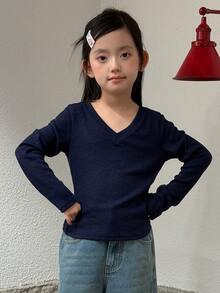 Dazy Kids Tween Girl) V-Neck Fitted Casual Long Sleeve Basic T-Shirt - Navy Blue - View 8