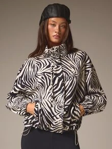 Athîral Jaket Kasual Longgar Lengan Panjang Wanita Motif Zebra dengan Kerah Corong, Cocok untuk Musim Gugur dan Musim Dingin, untuk Jalan-jalan, Tali Serut di Bagian Bawah, Saku Samping, Gaya Jalanan Vintage Longgar - MultiWarna - View 4