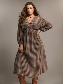 Freevana Plus Size Women's Autumn/Winter Plaid Long Sleeve Casual Elegant Dress - Brown - View 1