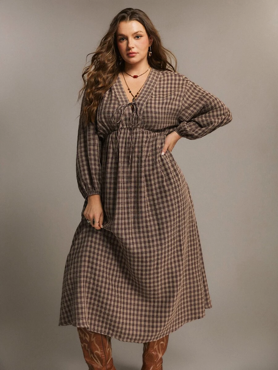 Freevana Plus Size Women's Autumn/Winter Plaid Long Sleeve Casual Elegant Dress - Brown - View 1