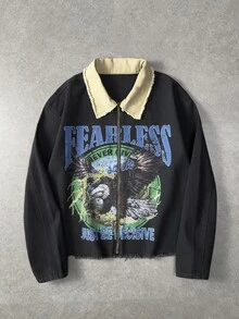 ROMWE MEN Men's Letter & Eagle Graphic Long Sleeve Zip-Up Frayed Hem Denim Jacket - Black - View 2