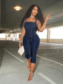 SHEIN PETITE Women's Casual Cross Back Halter Neck Denim Jumpsuit With 3/4 Length - Blue - View 4