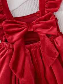 SHEIN Baby Girl Knitted Velvet Solid Color Square Neck Ruffle Casual Dress,Robe Elegante Chic,Red Dresses,Fall Dress ,Christmas - Red - View 8