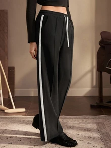 Nima Coro Celana Sweatpants Kasual Wanita dengan Tali Serut di Pinggang dan Desain Colorblock - Hitam - View 6