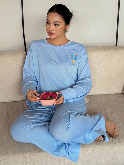 Dazy Plus 3pcs Striped Loose Long Sleeve Top & Pants Loungewear Set, Spring/Autumn New Pajama Set