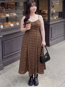 Bijouette Plus Size Women's Plaid Pleated Dress And Solid Color Cardigan Casual 2 Pieces Set Fall - Coffee Brown - View 2