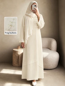 Yasmyna Women's Chinese Style Frog Button Solid Color Round Neck Loose Long Sleeve Dress, Arabic Muslim Abaya - Apricot - View 1