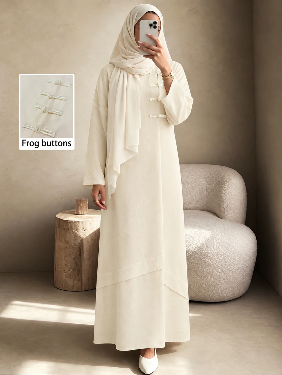 Yasmyna Women's Chinese Style Frog Button Solid Color Round Neck Loose Long Sleeve Dress, Arabic Muslim Abaya - Apricot - View 1