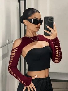 SHEIN ICON Cut Out Super Black Crop Top Without Bra - Burgundy - View 3